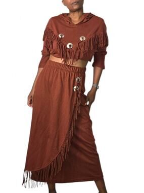 Vintage 80s Southwestern Fringe Concho Hood Crop Top Maxi Skirt Set Brown Medium
